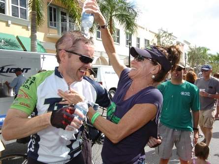 Tony McEachern and friend Kink Crowley's have a little fun with ice cold water bottles after completing the third annual Cycle of Life race, a two-day, 200 mile cycling event on Oct. 14.

PHOTO / CARLA VAARISCO-WILLIAMS