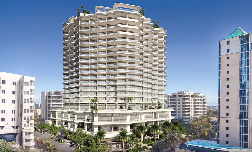 A Kobi Karp Architecture rendering of the 18-story Adagio luxury condo tower as viewed at the northwest corner of South Palm Avenue and Ringling Boulevard.